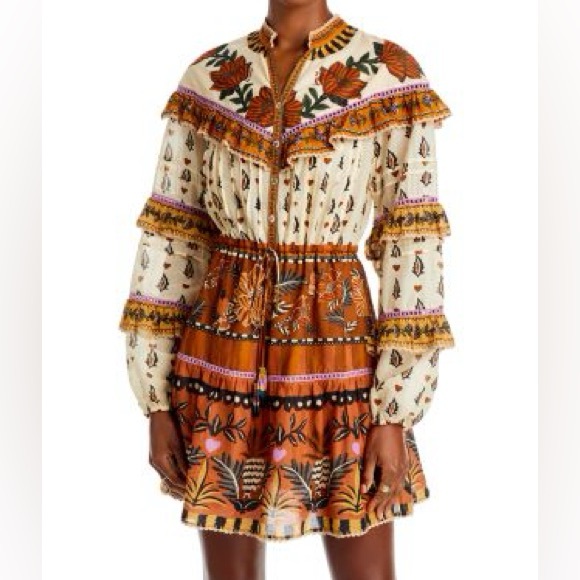 FARM RIO Ainika Floral Beige Ruffled Mini Dress - Picture 1 of 7